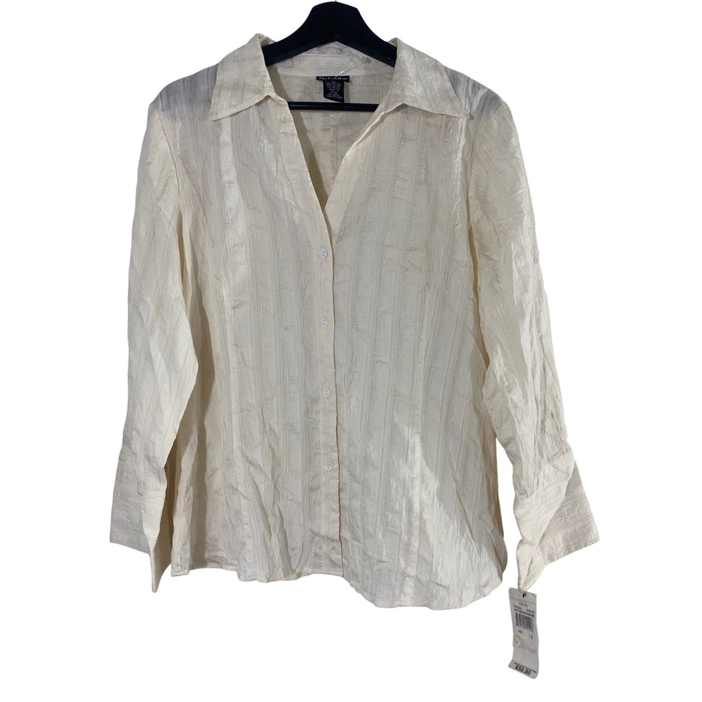Rafaella Pucker Stripe Shirt Womens 14 Cream New Career Long Sleeve Blouse
